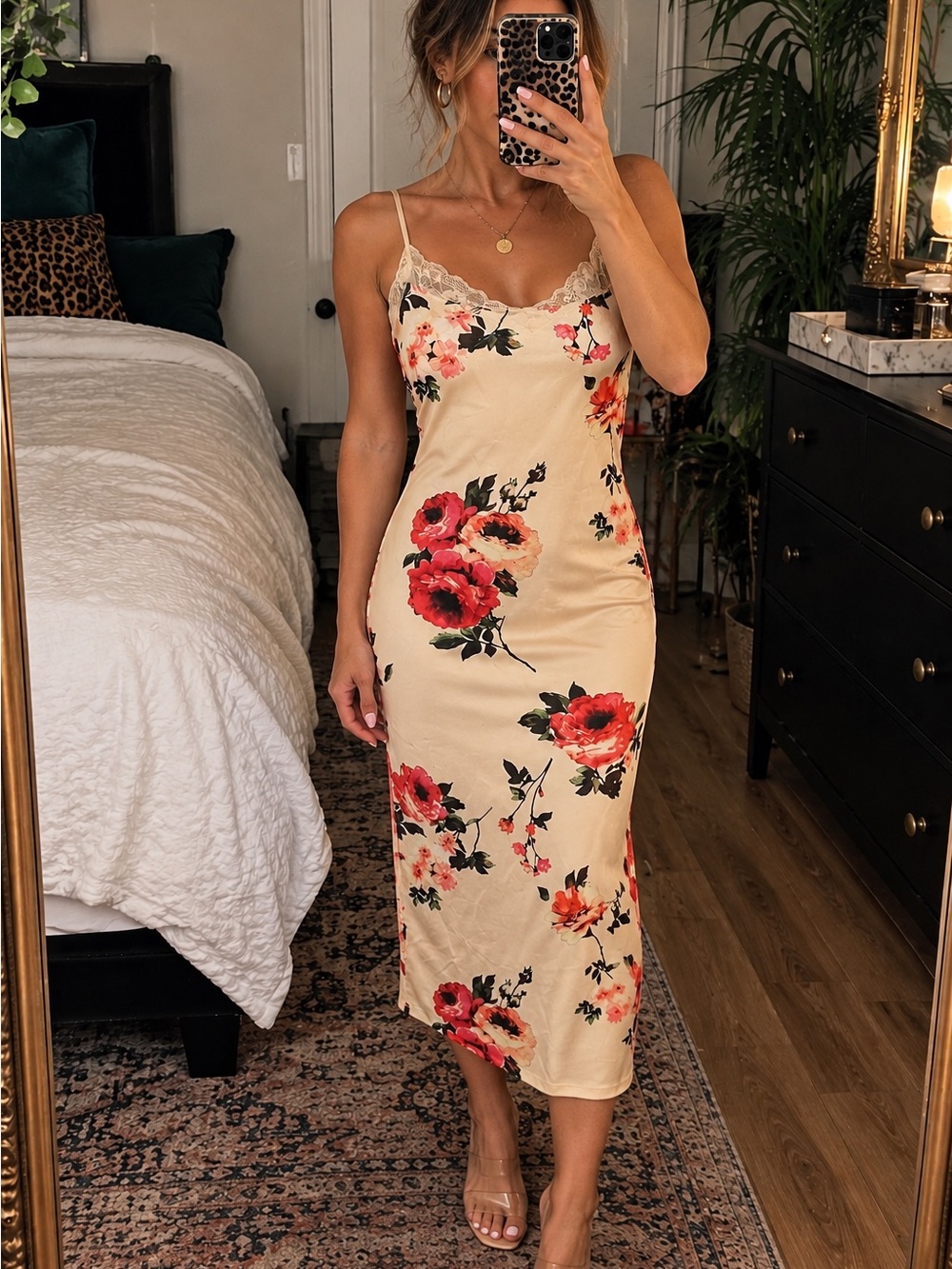 Floral Lace Trim Satin Slip Dress Size Small